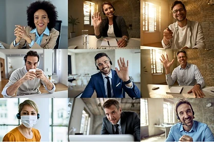 Online-Konferenz Teilnehmende einer Online-Konferenz auf Bildschirm